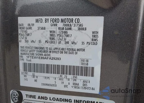 2010 Ford F-150 Xl/Xlt z USA, uszkodzony, nr VIN 1FTEW1E89AFA29293